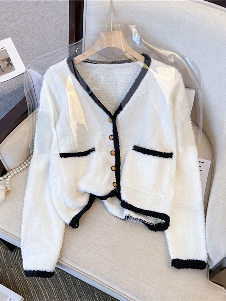 

Женский вязаный кардиган, вязаный мешковатый свитер контрастных цветов с V-образным вырезом и длинным рукавом, Классическая вязаная одежда ...