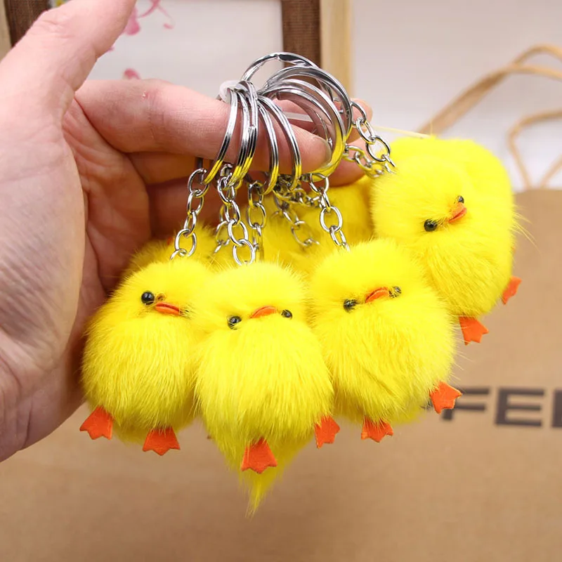 2023 Cute for Kids Bag Keychain Little Yellow Chicken Real Hair Keychain Little Chicken Plush Bag Jewelry Phone Accessories Girl