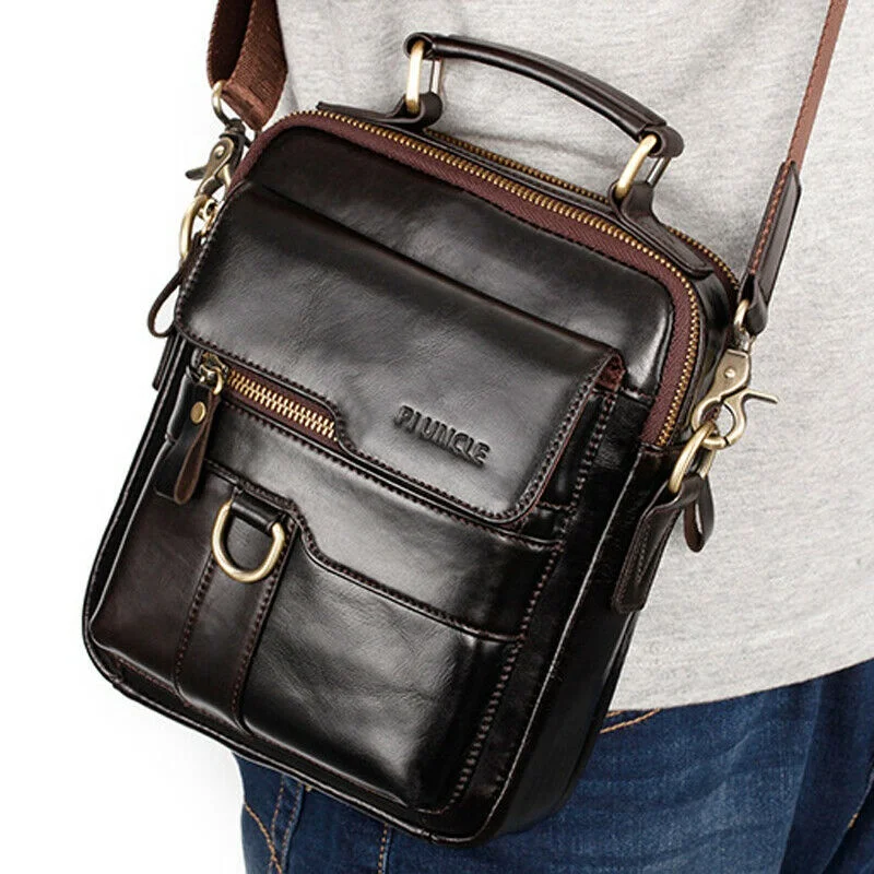 

Genuine Cow Leather Men's Sling Shoulder Bag Double Zipper Multifunction Handbags Men Business Bag Crossbody Bag