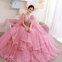 fairy rose pink prom dresses 2022 with shawl sleeves sexy v neck beaded flowers elegant evening dress corset back formal gowns