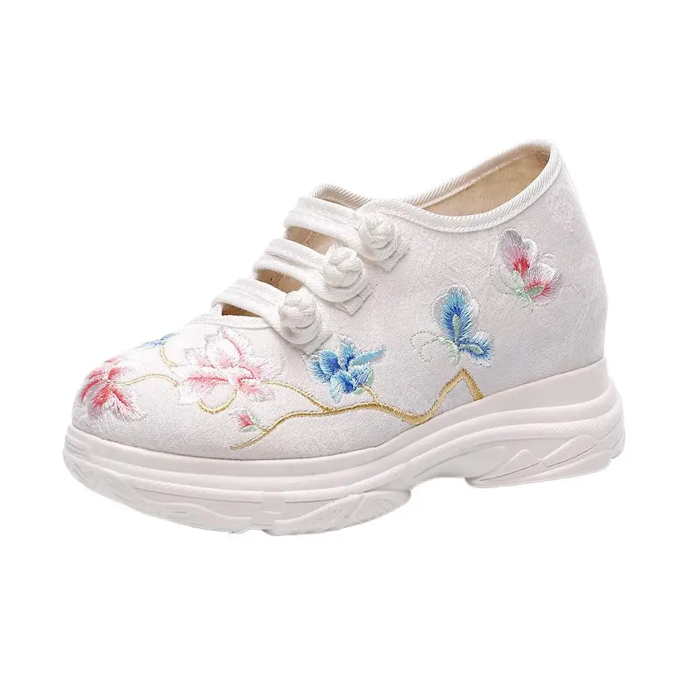 

YourSeason Ladies White Cotton Fabric Flower Embroidered Clunky Shoes Comfortable Female Casual Heightened Dad Sneakers Buckles