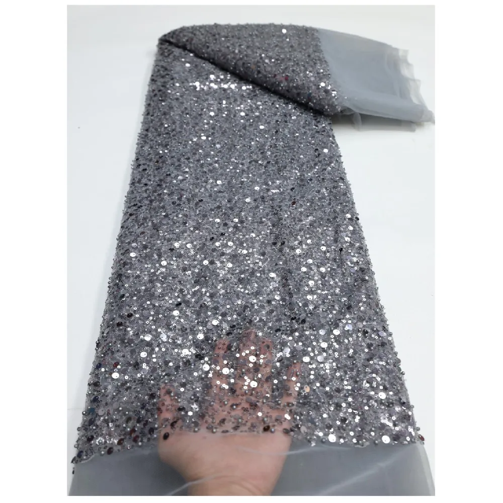 

NI.AI Beads Lace Fabric 2022 5 Yards High Quality African Nigerian Tulle Lace Fabric For Diy Sew Dress Wedding Party LY1418