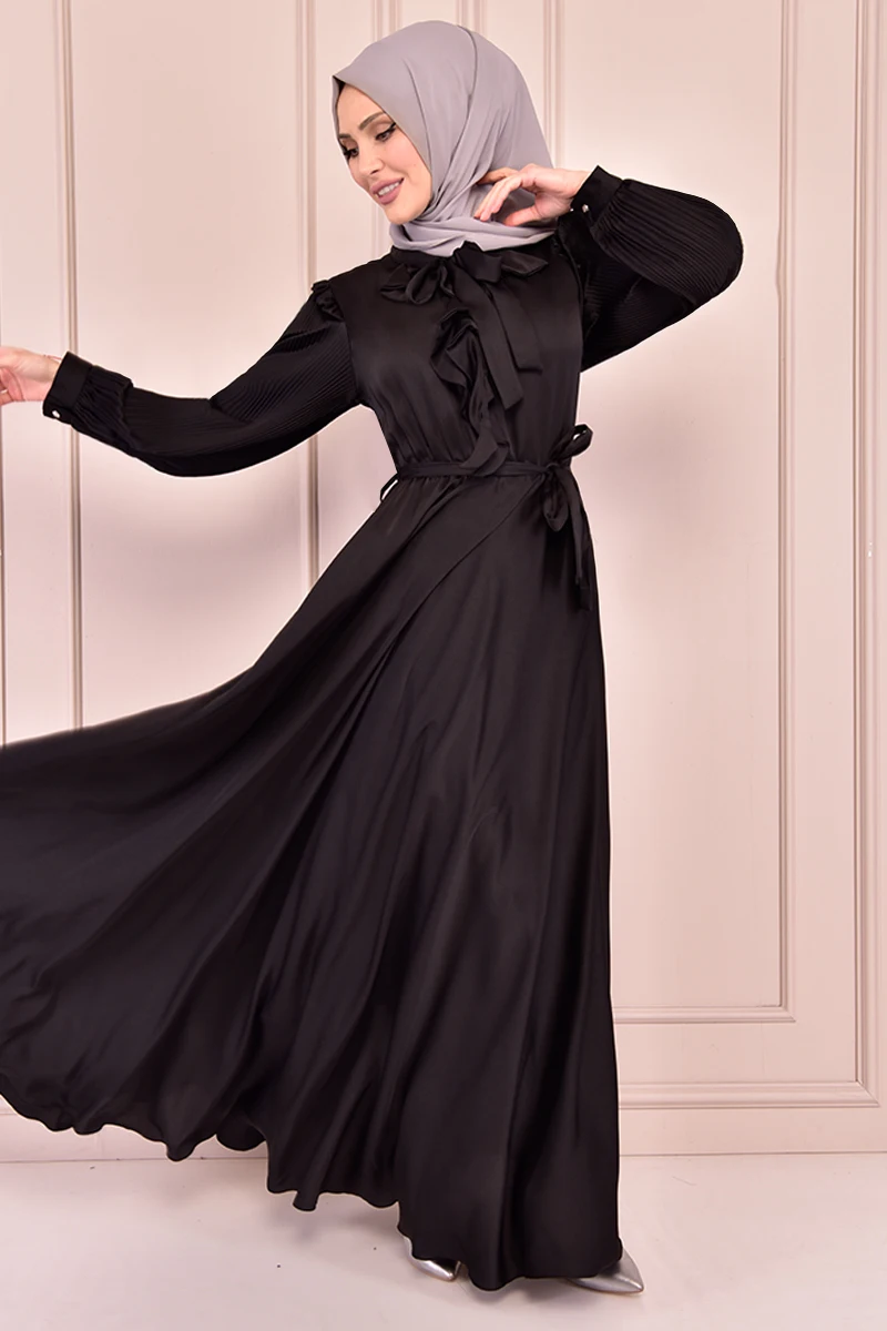Атласное платье с поясом, черный цвет, ev14825
