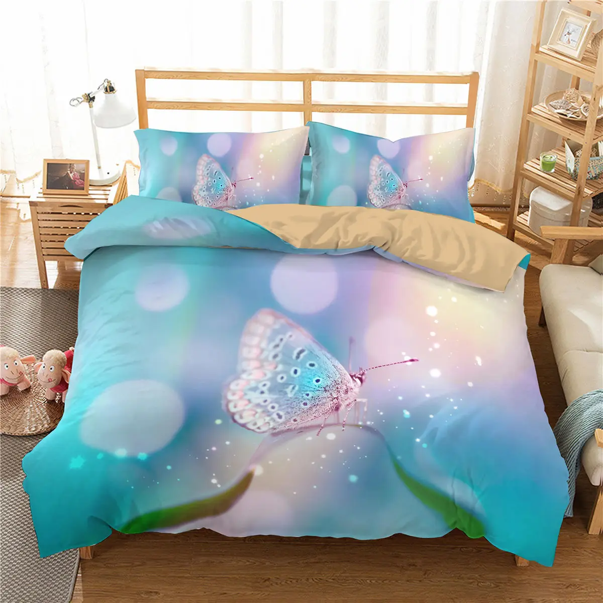

Butterfly Duvet Cover Set King Size Pink Butterfly Peach Blossom Quilt Cover Microfiber Spring Fresh Theme Quilt Cover for Teen