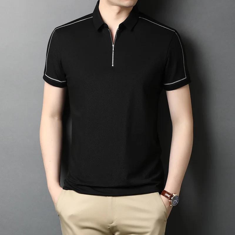 

2022 Men's New Summer Trend Short-sleeved T-shirt Casual Tops Men's Lapel Half-zip Solid Color Half-sleeved Men's Clothing