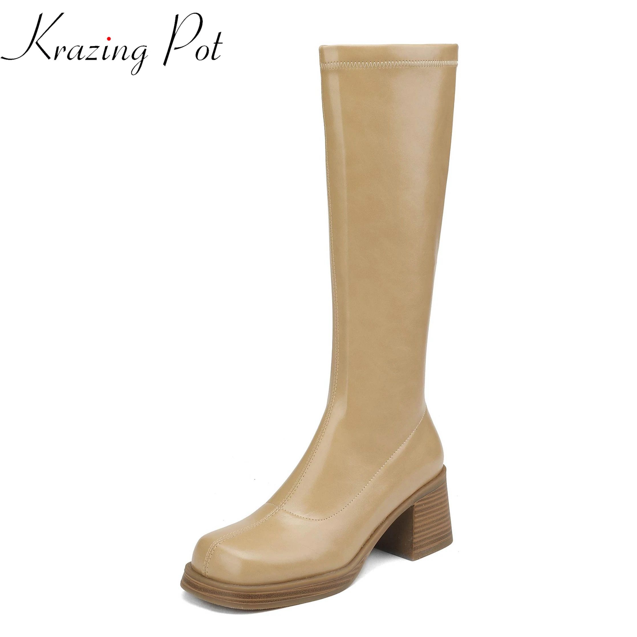 

Krazing Pot New Microfiber Round Toe Thick High Heels Riding Long Boots Sewing Thread Platform Leisure Zipper Thigh High Boots