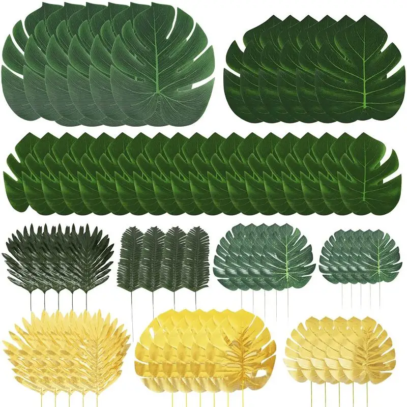 

72 Pcs Artificial Palm Leaves Golden Tropical Leaves with Stems 10 Kinds Jungle Leaves Decorations for Party Wedding Decorations