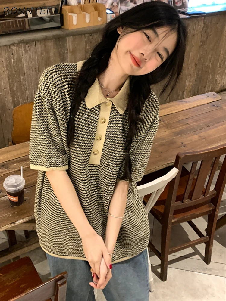 

Knitting T-shirts Women Vintage Personality Design Striped Ulzzang Casual Colleges Half-sleeve Loose Summer Popular Streetwear