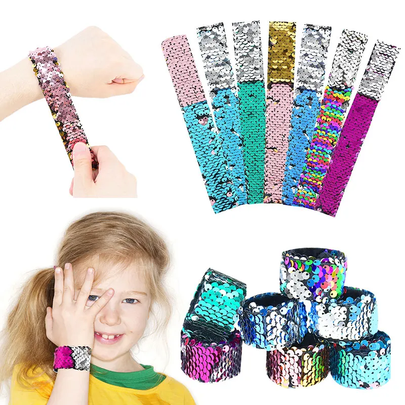 5/10pcs Mermaid Clap Circle Toys Glitter Slap Bracelets Kids Wristband Mermaid Theme Party Decorations Girls Birthday Party Gift