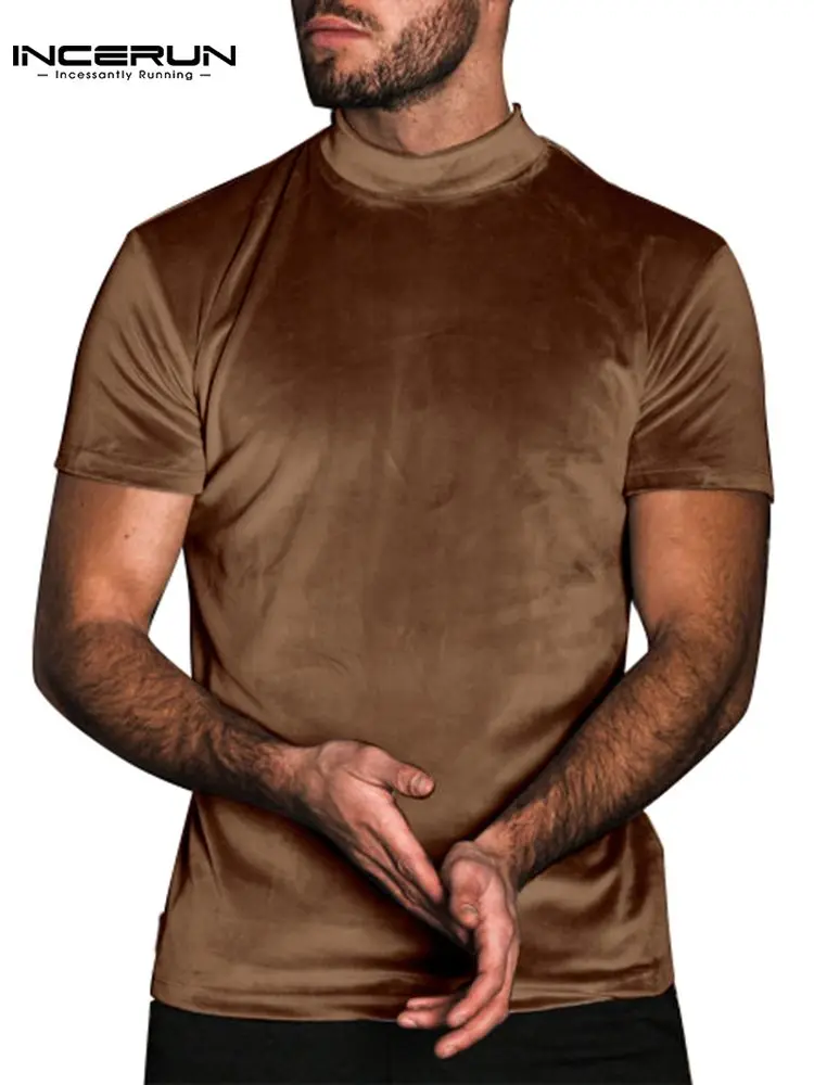 

Men Casual T Shirt Solid Color Short Sleeve Turtleneck Streetwear Men Clothing 2022 Velour Fitness Leisure Camisetas 5XL INCERUN