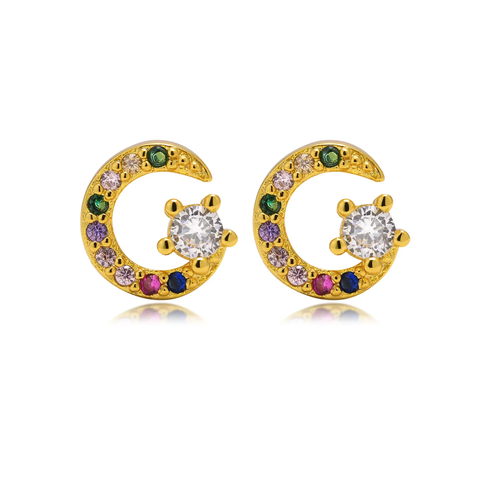 

2022 New Fashion Colorful CZ Stone Crescent Moon Star Charm Stud Earrings for Women Girls Birthday Gift Jewelry