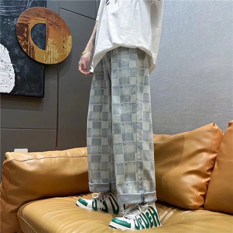 DEEPTOWN Plaid Straight Jeans for Men Loose Wide Leg Denim Pants Male Black Blue Trousers Casual Streetwear Hip Hop Fashion