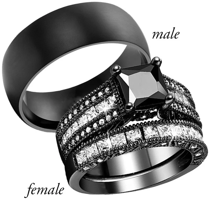 

2023 Fashion Wedding Band Cute Women Rhinestones Zircon Rings Set Classial Black Stainless Steel Men Ring Trend Couple Rings