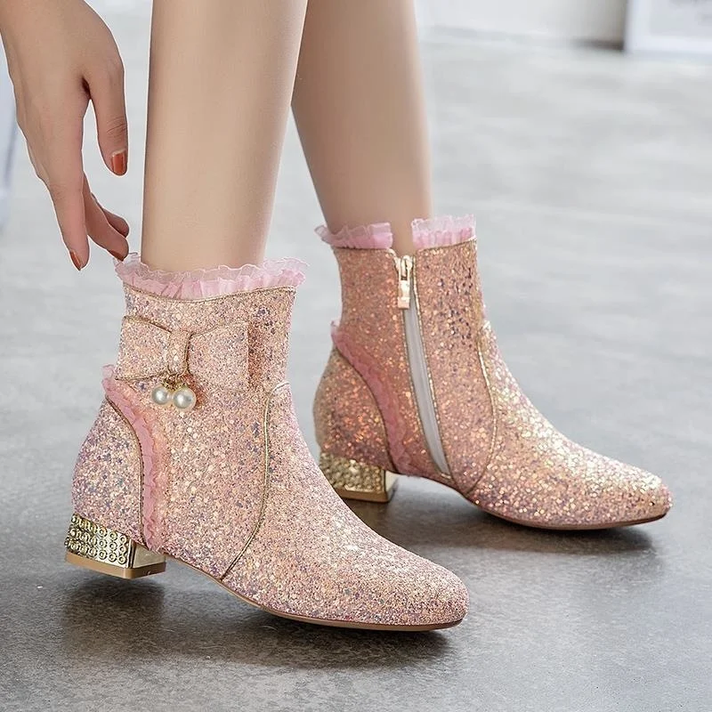 

Туфли принцессы для девочек, зимние детские туфли на высоком каблуке для девочек, обувь со стразами для дня рождения, обувь для студентов, хо...