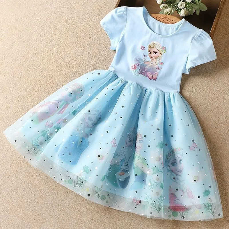 Girls Dress Cartoon 2023 Summer Frozen Fashion Children's Elsa Princess Baby Girl Toddler Short Sleeve Cute Party Dresses 3-9Y