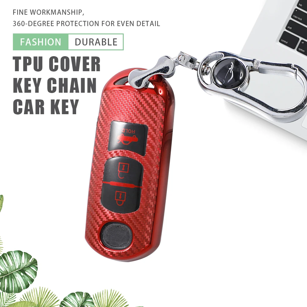

For Mazda 3 5 6 Axela Atenza CX-5 CX5 CX-7 CX-9 TPU Carbon Fiber Car Key Cover Case Holder Key Chain Ring Smart Key Protector