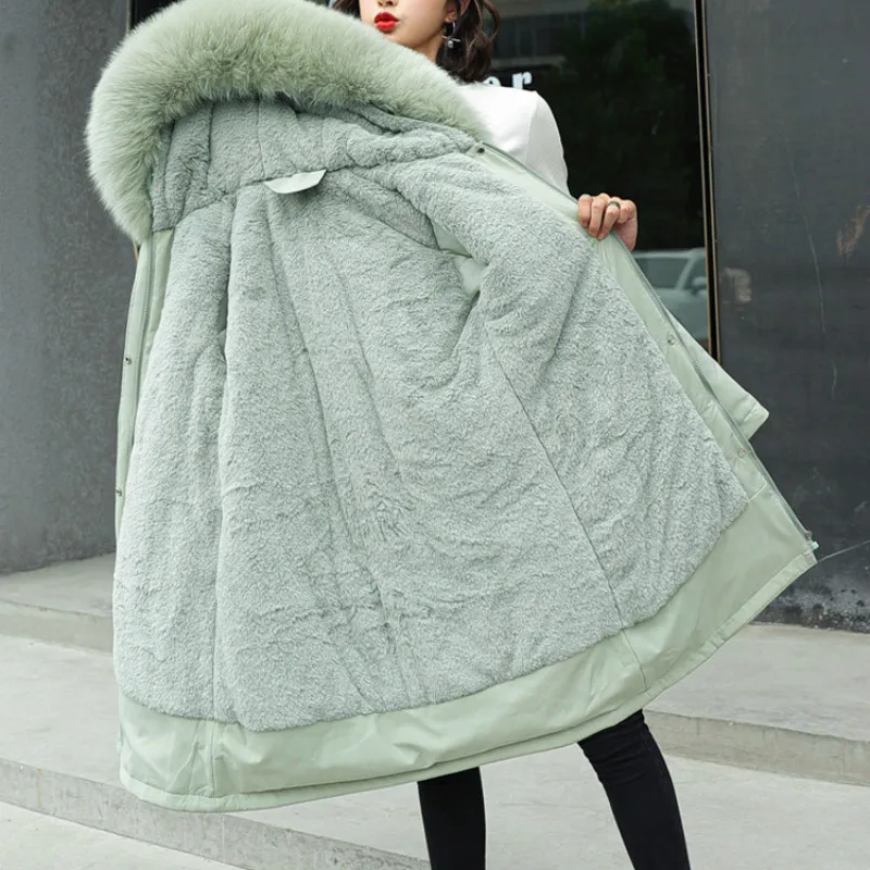 2023 Winter Women Thick Big Fur Coat Hooded Collar Plus Size Down Cotton Liner Jacket Fashion Female Mid-length Outerwear Warm