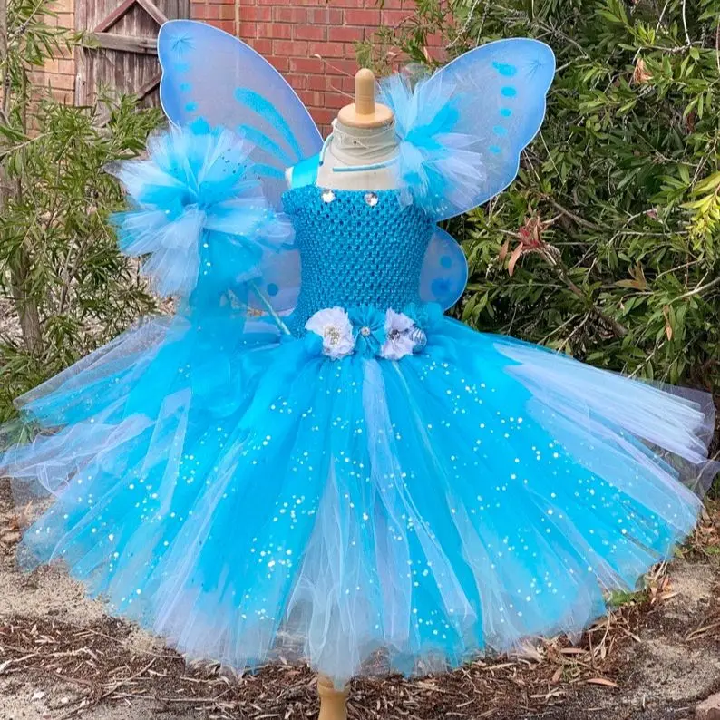 Girls Blue White Glitter Tutu Dress Kids Flower Fairy Dress with Butterfly Wing Stick Children Party Costume Princess Dresses