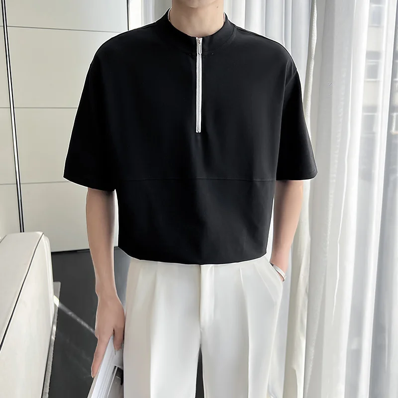 

Summer Short-sleeved T-shirt Men Slim Fit Fashion Casual Zipper T Shirt Men Korean Standneck Pullover Tshirt Mens Polo Shirt