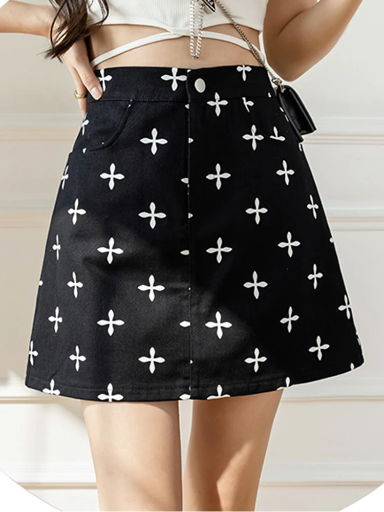

2022 Print Skirt Woman Summer New Black Mini Skirts Korean Retro A-Line Skirts For Women All-match High Waist Jupe Femme