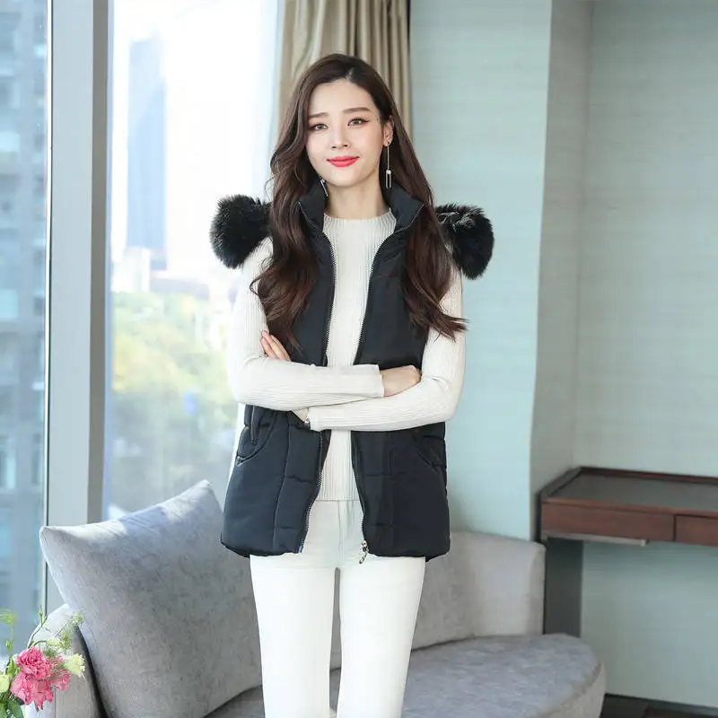 Autumn Winter Cotton Vest Women's Loose Large Fur Collar Down Cotton Vest Korean Style Jacket Solid Color Large Pocket Casual