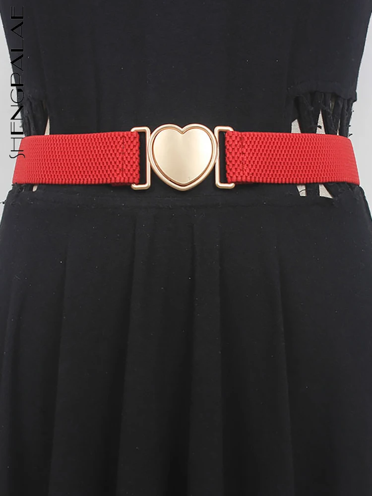 SHENGPALAE Women's High Elastic Bandage Metal Buckle Belt Heart-shaped Red Adjustable Waist Fashion Female Belts 2023 New DB1597