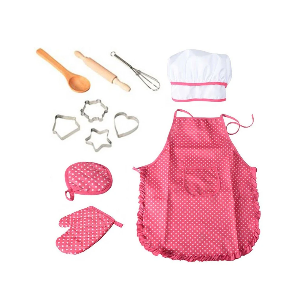 

11pcs Apron for Little Girls Kids Cooking Baking Set Chef Hat Mitt & Utensil for Toddler Dress Up Chef Costume Role Play