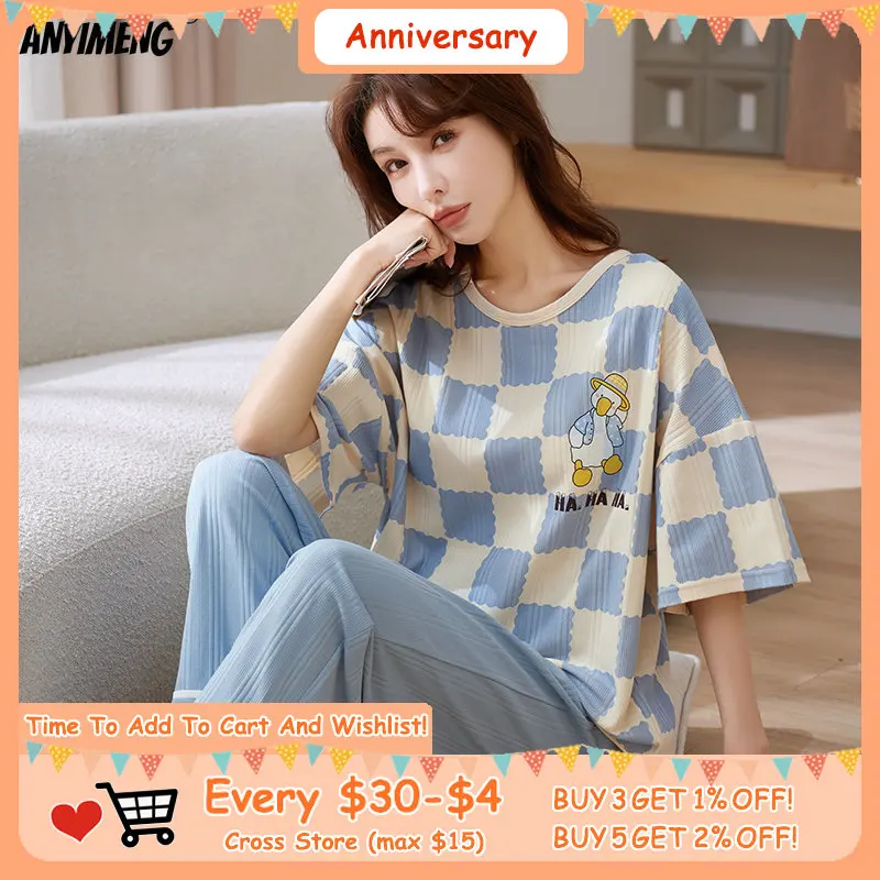 

Новинка, осенне-зимние пижамные комплекты с принтом утки, женская одежда для сна для девочек, синий клетчатый Топ, милая фототкань, мягкая хлопковая домашняя одежда