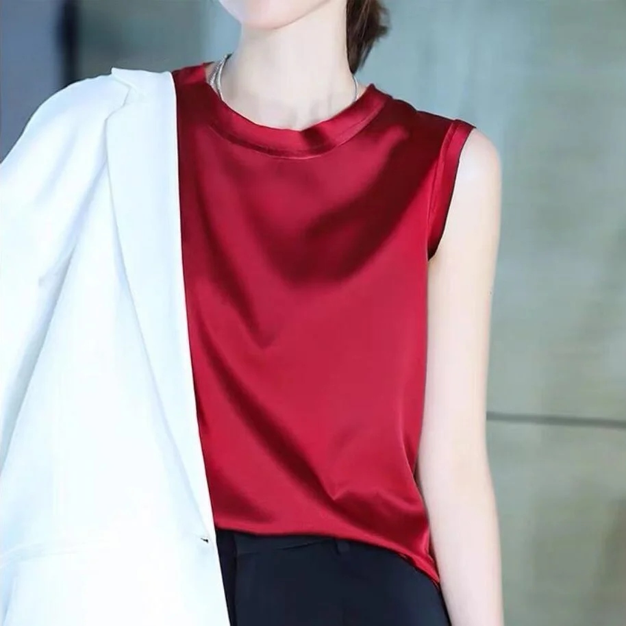 Новые атласные блузки женские летние дизайнерские красные шелковые топы Женский