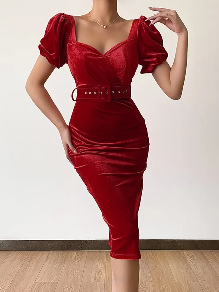 

WeiYao Red Velvet Women Midi Dress Puff Sleeve Split Autumn Bodycon Sexy Elegant Fashion Partywear With Belt Female Clothing