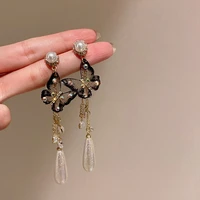 korean summer trendy black butterfly waterdrop pearl long earrings for women vintage jewelry elegant crystal dangle pendientes