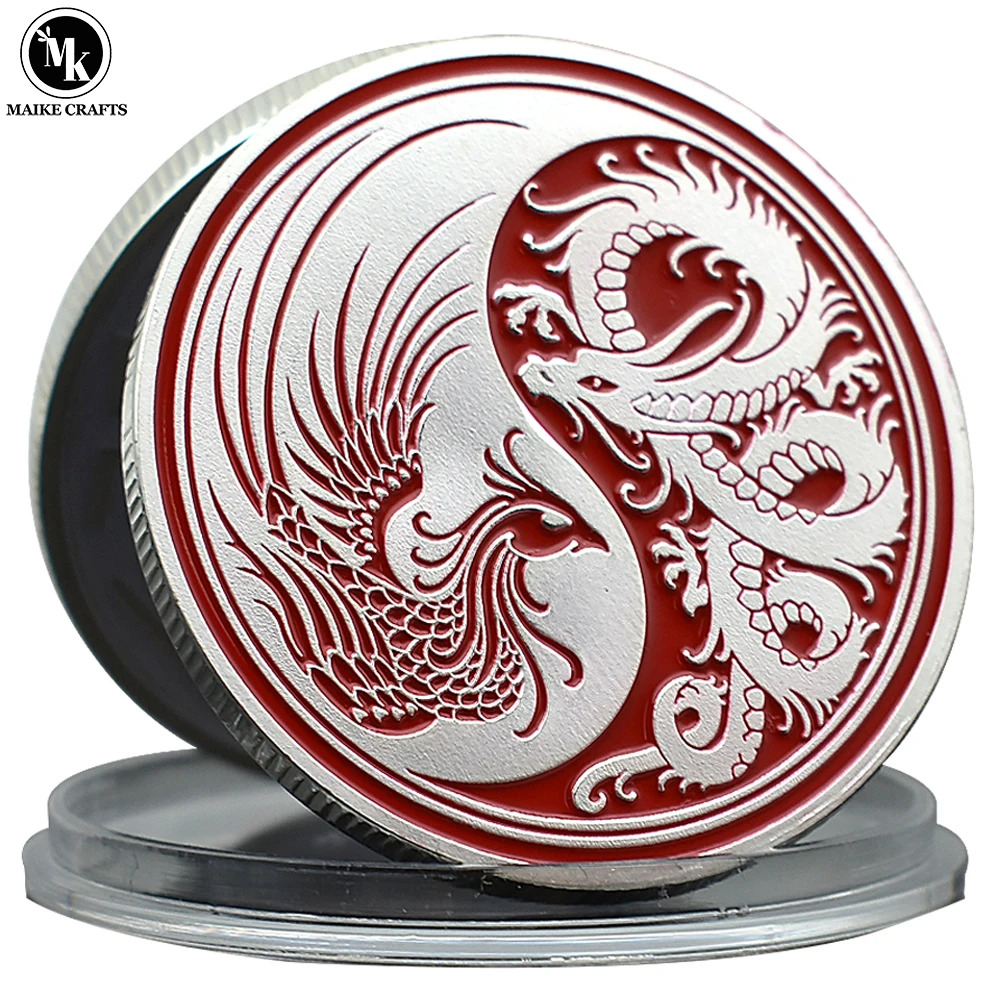 

Китайская монета с драконом и Фениксом, Посеребренная металлическая фигурка Тай Чи, удачная монета, коллекционный подарок