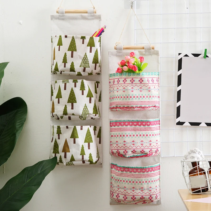 Wall Mounted Storage Bag with 3 Pockets Linen Fabric Door Closet Wardrobe Hanging Organizer Sundries Cosmetic Toy |