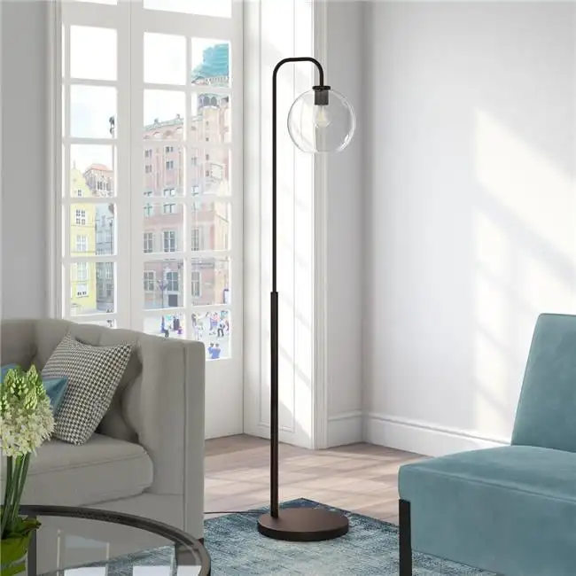 

Modern, Industrial standing floor lamp in contemporary blackened bronze, brass with clear glass shade, for Living Room, Dining R