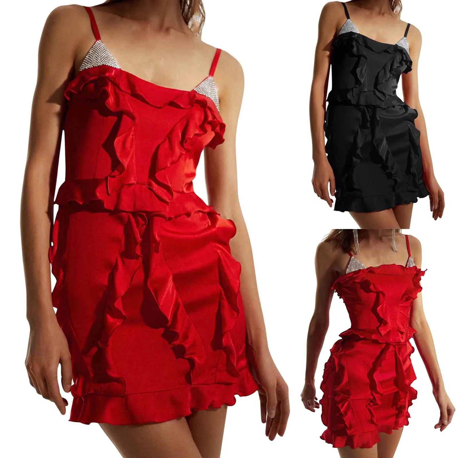 

Women's Sexy Suspender Flash Diamond Skirt Falbala Temperament Dress Women's Summer Dresses with Pockets