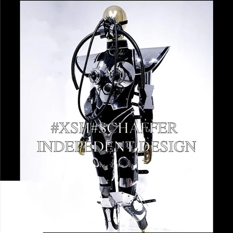 

Новинка, женская одежда для исполнения, костюм робота, серебряные зеркальные костюмы в стиле панк, Женское боди, тяжёлый дизайн, головной убор, платье для диджея