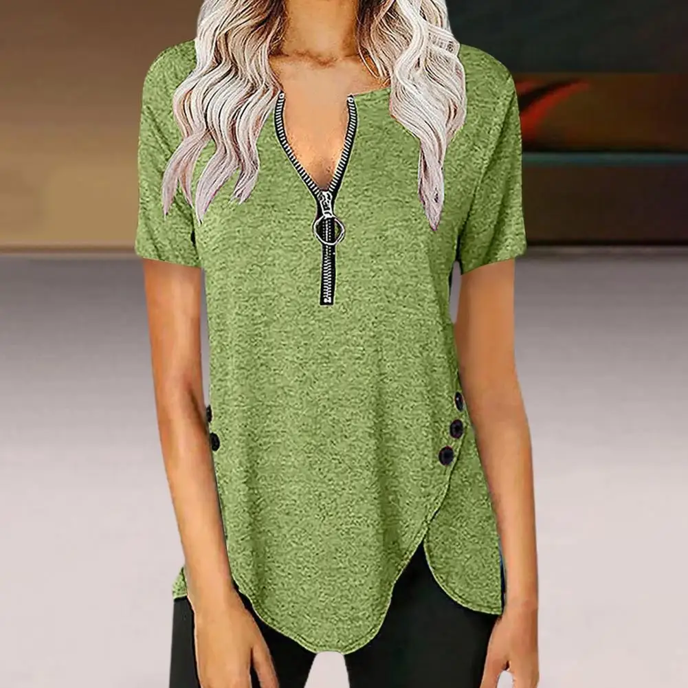 

Женская Однотонная рубашка на молнии с V-образным вырезом, женская блузка, эластичная дышащая Летняя женская футболка стандартного кроя