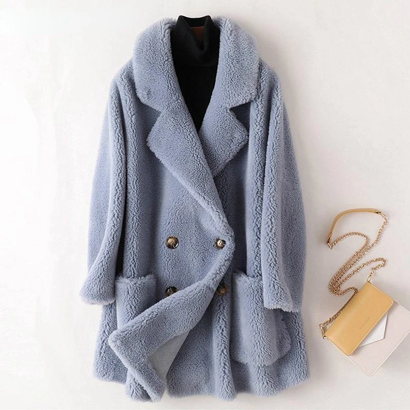 Enlarge High Quality Real Fur Coat Australian Thick Warm Elegant Loose Large Size Long Outwear Winter Coat For Women Wool Coats