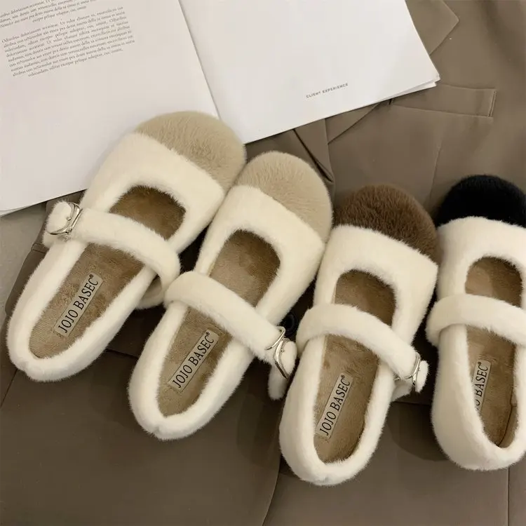 

Real Rabbit fur warm ballet flats women korean buckle strap moccasins cozy round toe winter plush snow shoes anti-skid loafers