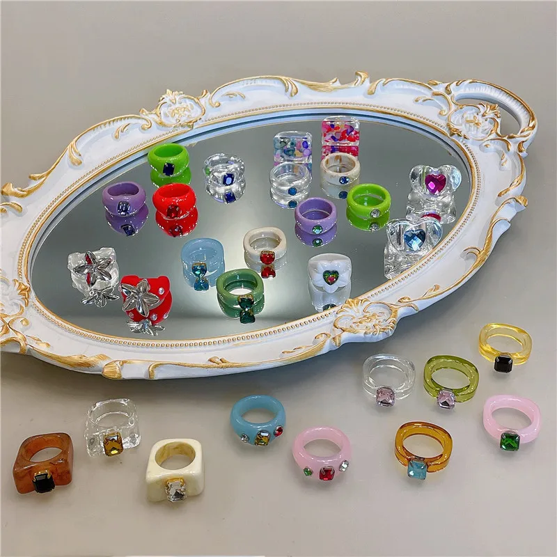 

LingLu Acrylic Colorful Vintage Irregular Geometric Shape Rhinestones Rings 2022 New Trendy for Women Party Girls Gifts Jewelry