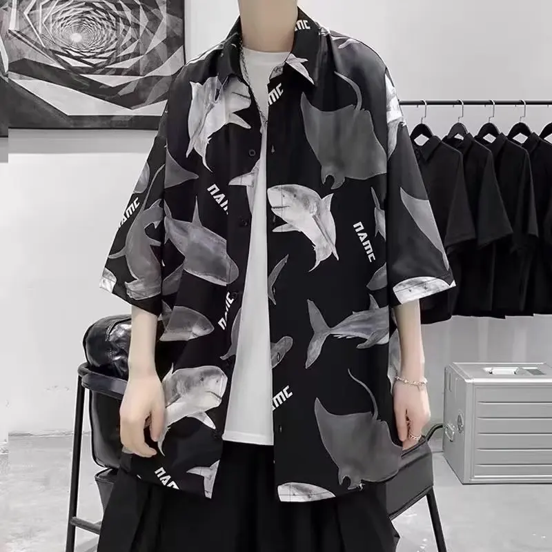 

Summer Print Men Shirt 2022 Hawaiian Beach Casual Loose Shirts Tops Cartoon Shark Male Short Sleeve Streetwear Men Clothing