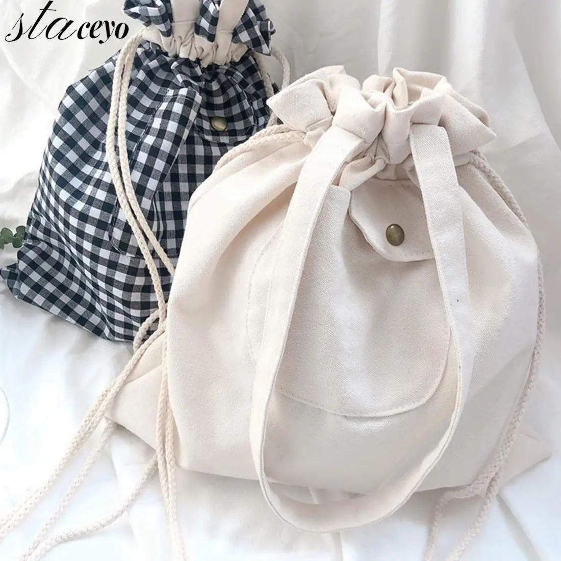 

Shopping Bags Women Plaid Drawstring Casual Adjustable Large Capacity Ins Cute Students Shopper Canvas Bag Simple Korean Style