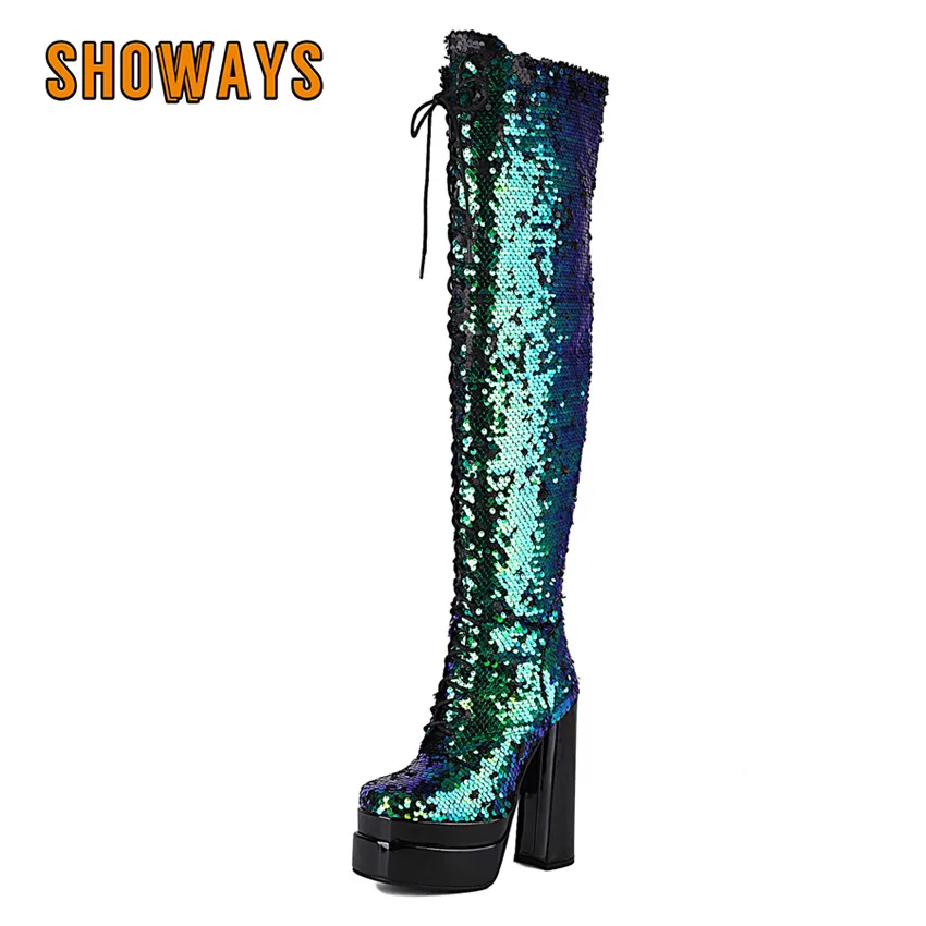 

Женские сапоги выше колена на платформе, с квадратным носком и молнией