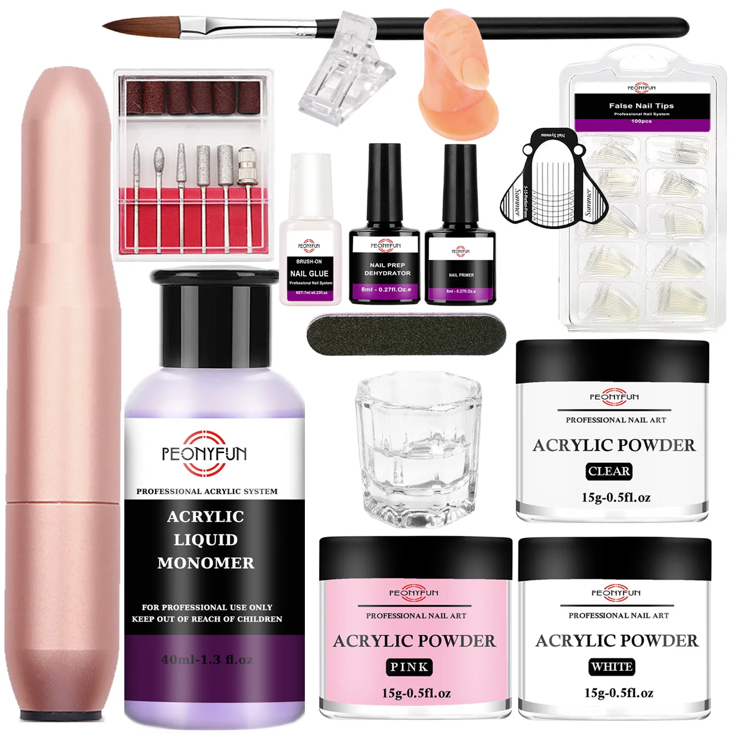 Acrylic Powder & 40ml Acrylic Liquid Set with Drill Acrylic Nail Kit with Liquid Monomer Nail Brush Nail Forms Tips for Beginner