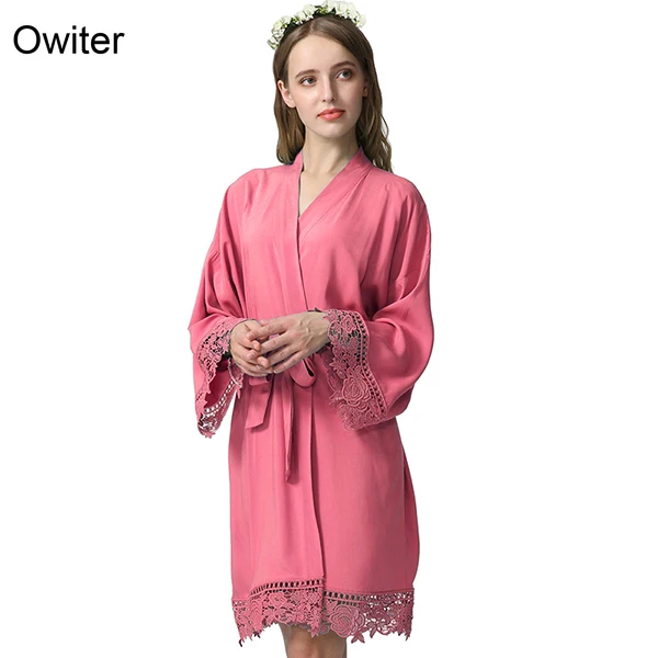 Owiter 2019 Dusty Pink Solid Cotton Kimono Robes w/ Lace Trim Women Wedding Bridal Robe Short Belt Bathrobe Sleepwear White Gown