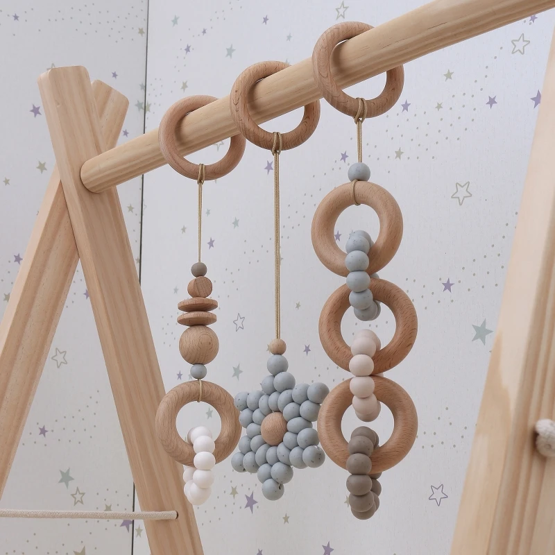 

57EE Baby Gym Frame Pendants Wooden Ring Silicone Beads Teether Stroller Rattle Infants Newborn Teething Nursing Molar Toys