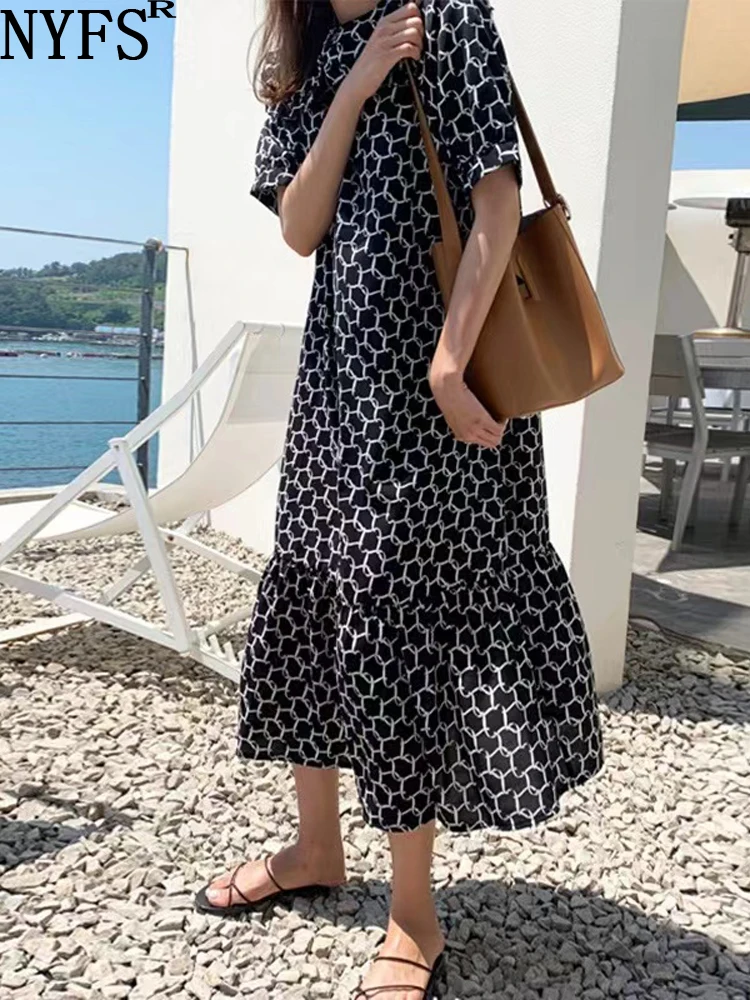 

NYFS 2023 Summer New Korea Woman Dress Vestidos Robe Ete Femme Elbise Loose Plus Size Short Sleeve Ruffle Chiffon Dresses