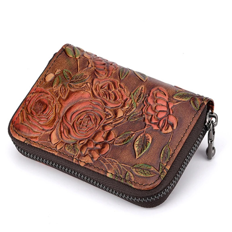 Women Zipper Short Wallet Credit/ID Card Holder Flower Pattern Genuine Leather Female Coin Pocket Clutch Money Bag Bifold Purse