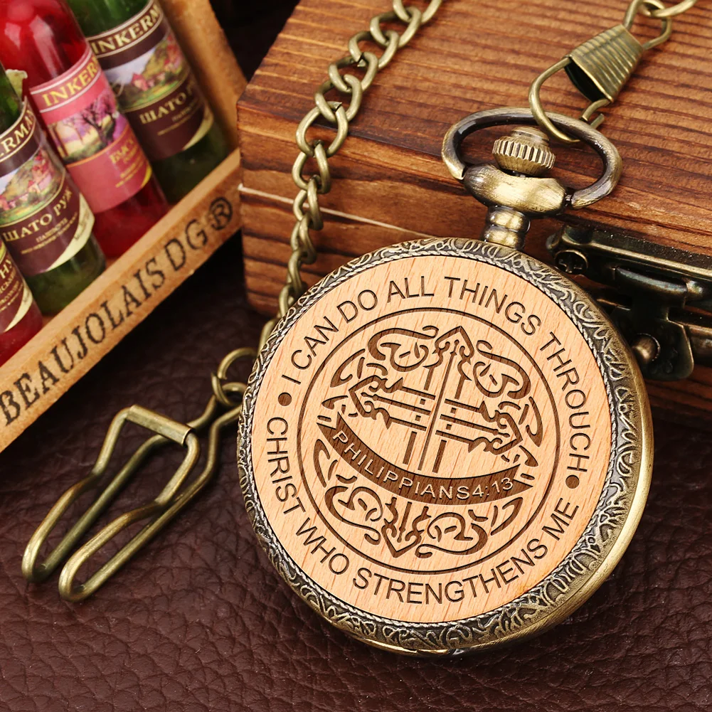 

High Grade Bronze Quartz Unisex Pocket Watch Chain Religion Series Beech Large Wood Chip Luxury Necklace Pendant Clock Watches