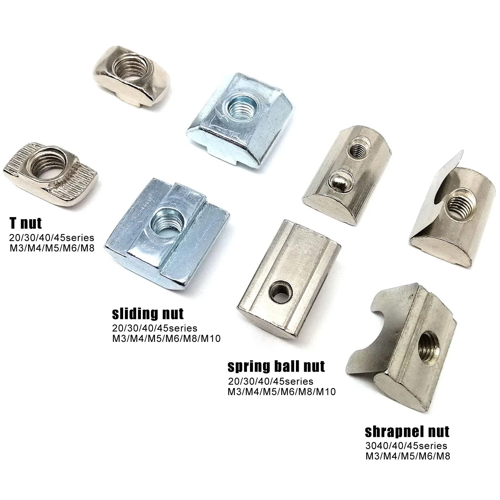 20X M3 M4 M5 M6 M8 M10 bloque en forma de T tuerca deslizante martillo bola de resorte para pista de ranura de extrusión de perfil de aluminio serie 20 30 40 45